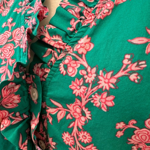 JCREW Floral Sleeveless Ruffle Top Green Pink Button Up Vneck Flutter Sleeve - Picture 5 of 8
